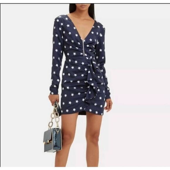 SELF-PORTRAIT Navy Blue Zip Front Ruffle Star Print Long Sleeve Mini Dress sz 0 - Picture 1 of 7